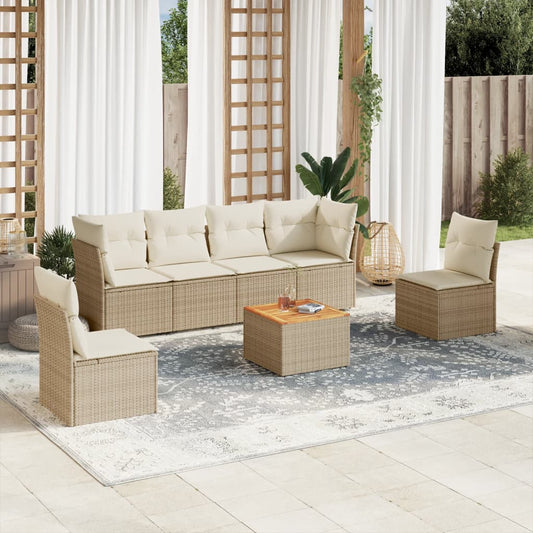 7-delige Loungeset met kussens poly rattan beige