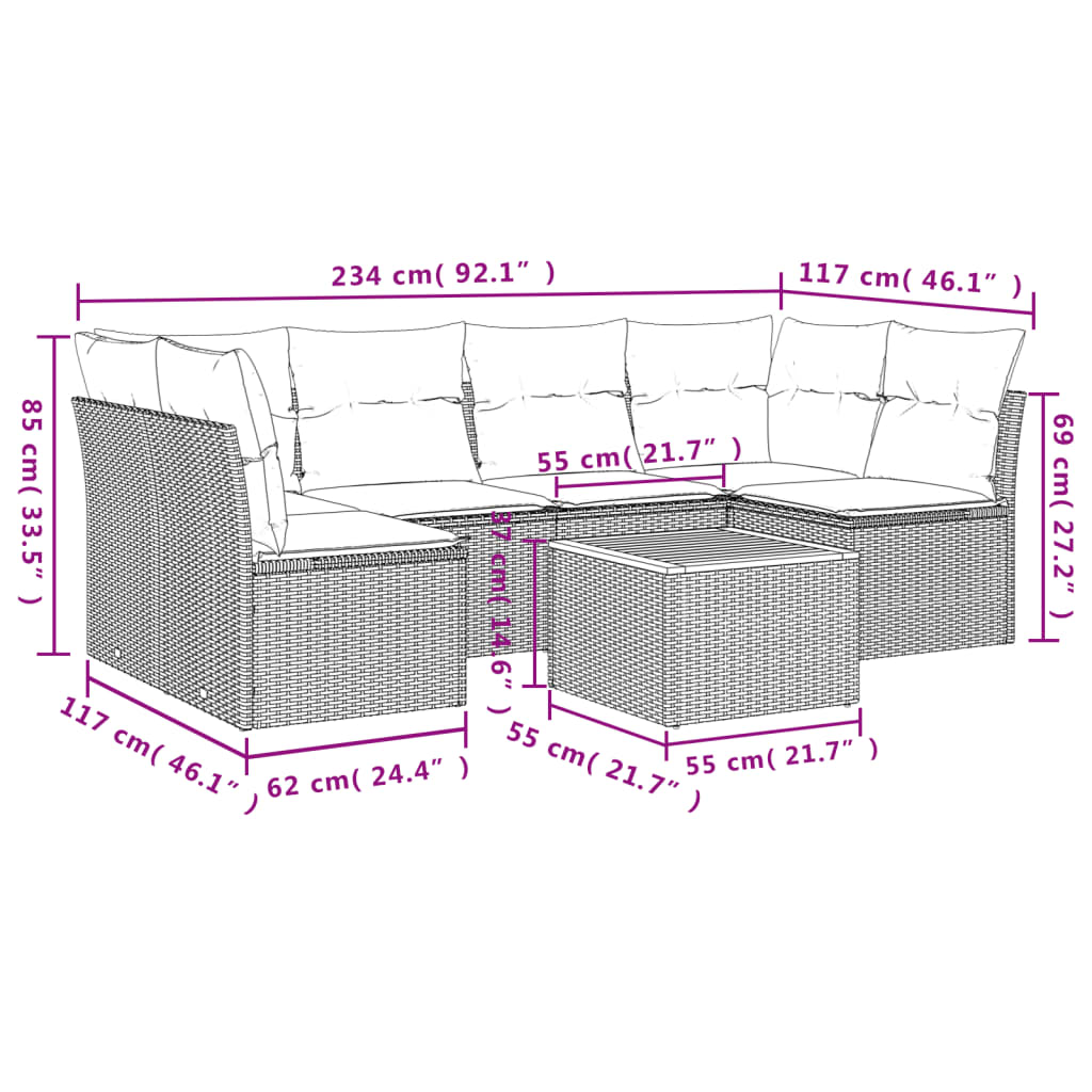 7-delige Loungeset met kussens poly rattan beige