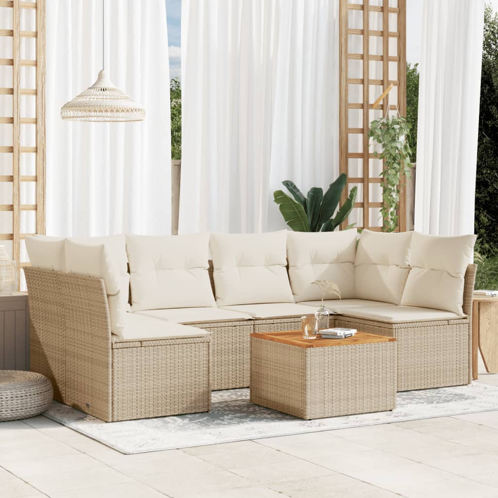 7-delige Loungeset met kussens poly rattan beige