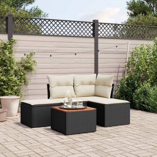 5-delige Loungeset met kussens poly rattan zwart