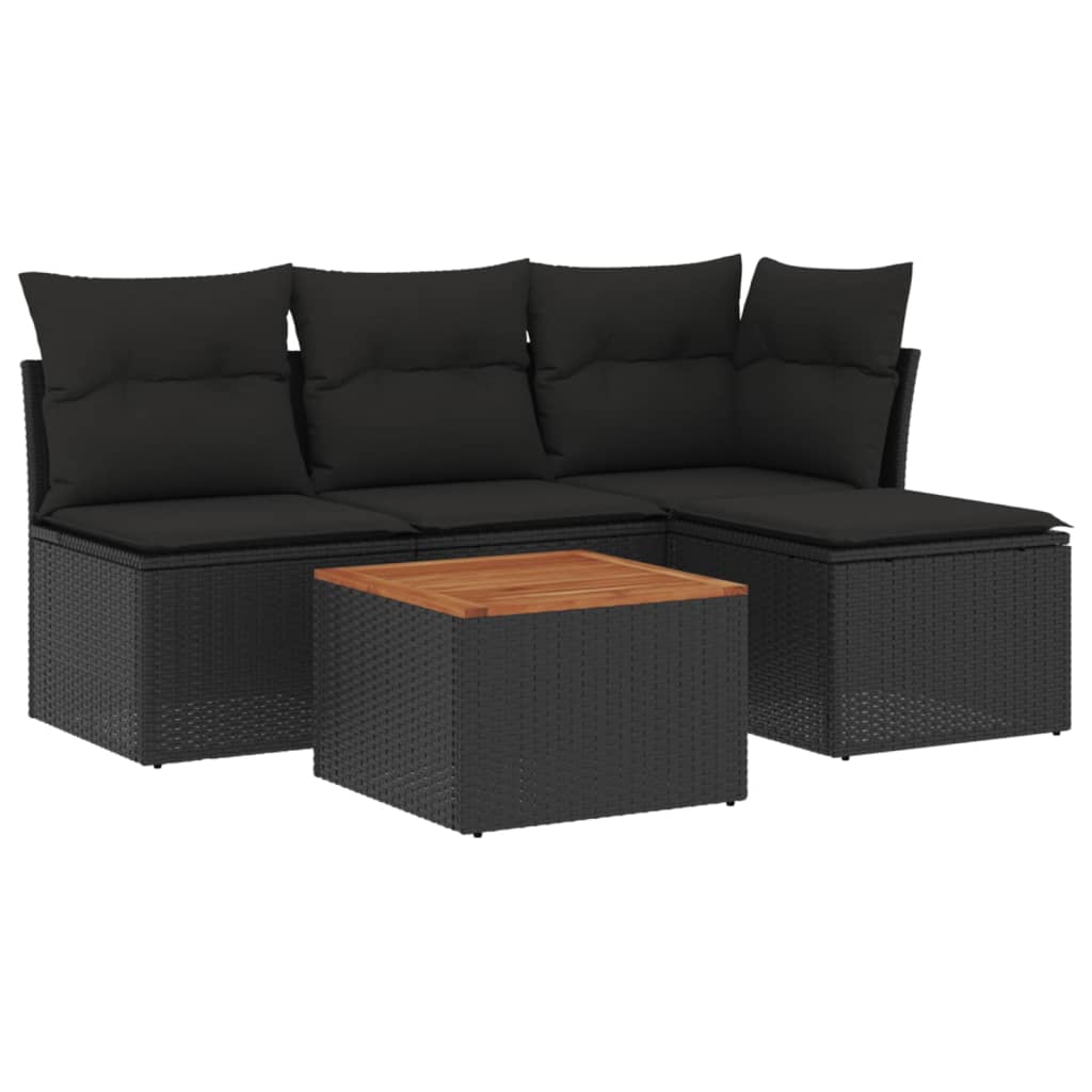 5-delige Loungeset met kussens poly rattan zwart