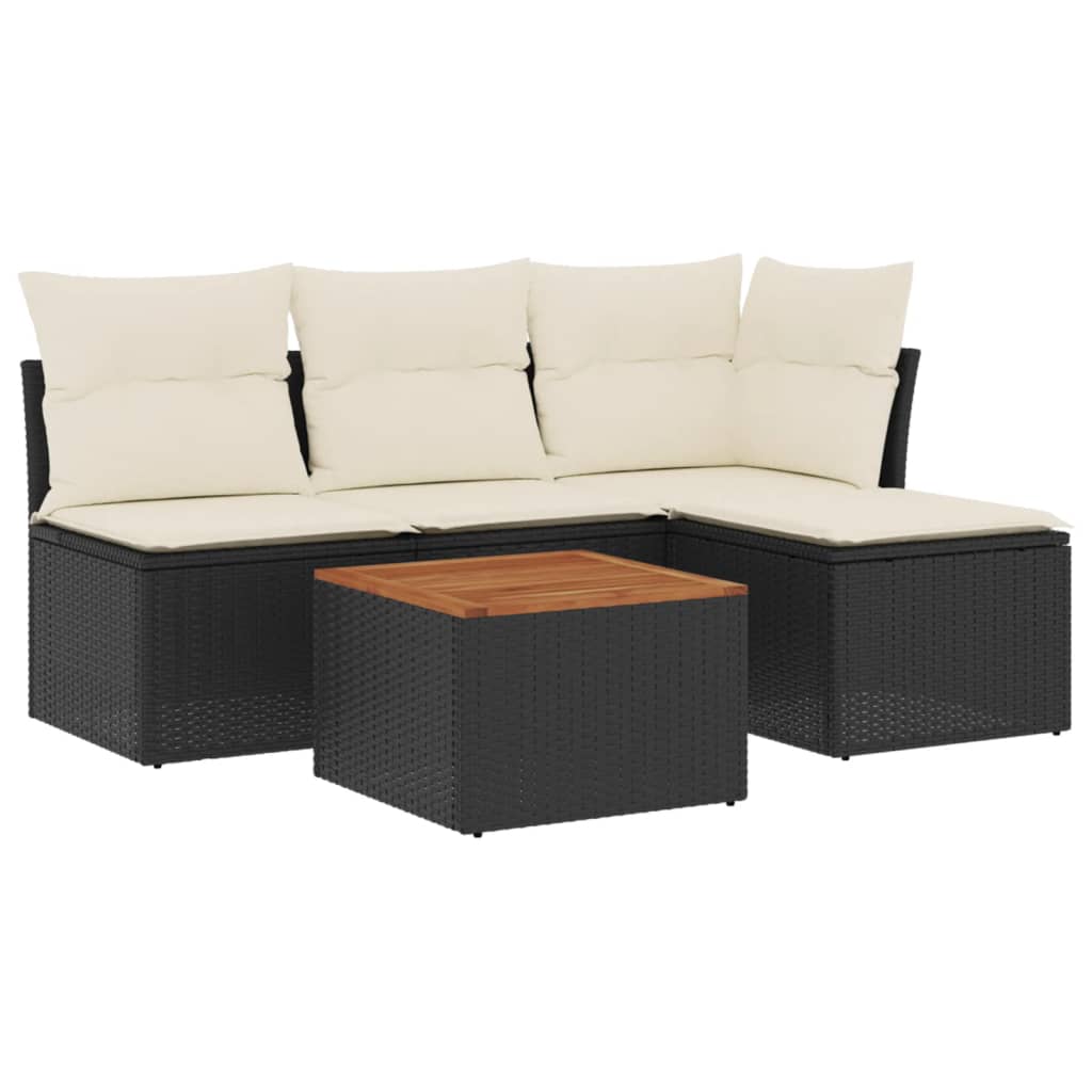 5-delige Loungeset met kussens poly rattan zwart