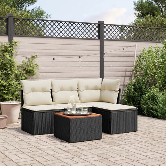 5-delige Loungeset met kussens poly rattan zwart