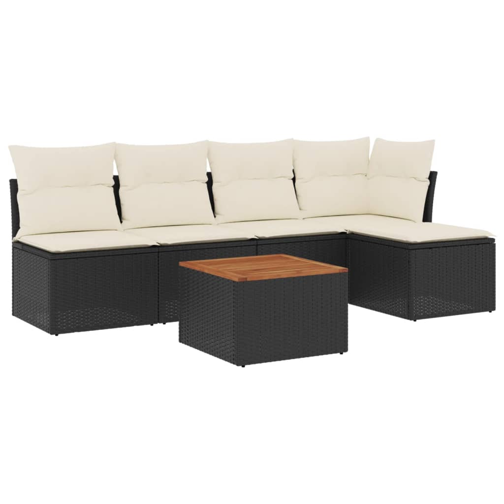 6-delige Loungeset met kussens poly rattan zwart