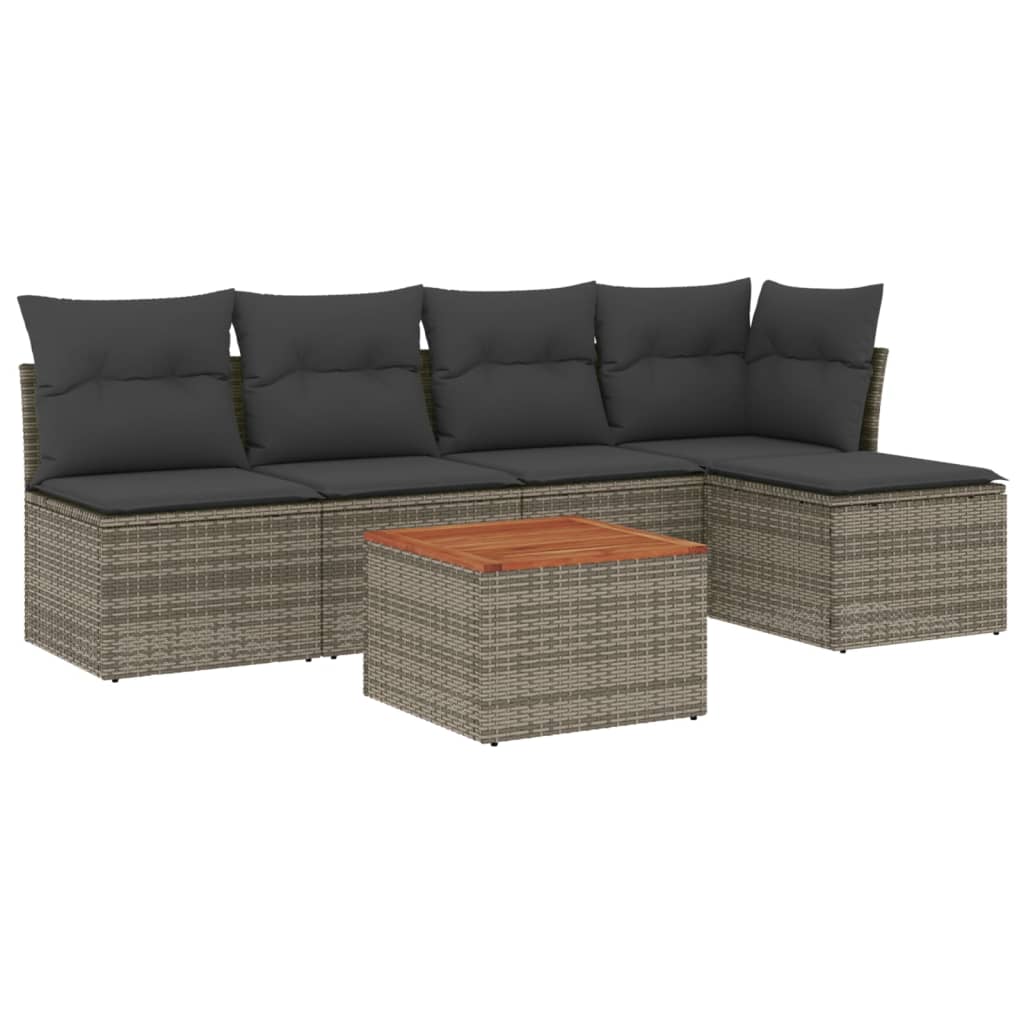 6-delige Loungeset met kussens poly rattan grijs