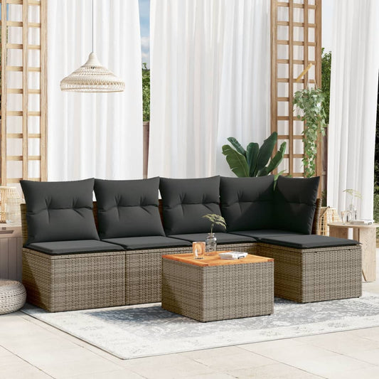 6-delige Loungeset met kussens poly rattan grijs