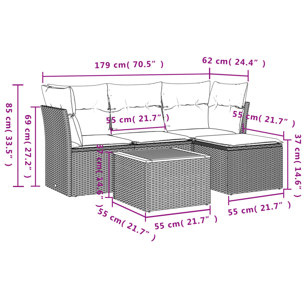 5-delige Loungeset met kussens poly rattan zwart