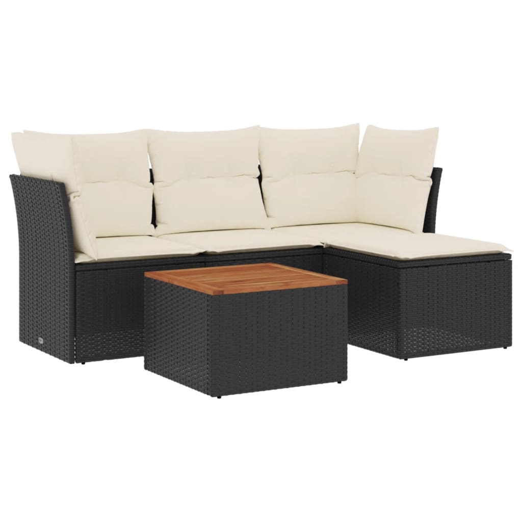 5-delige Loungeset met kussens poly rattan zwart