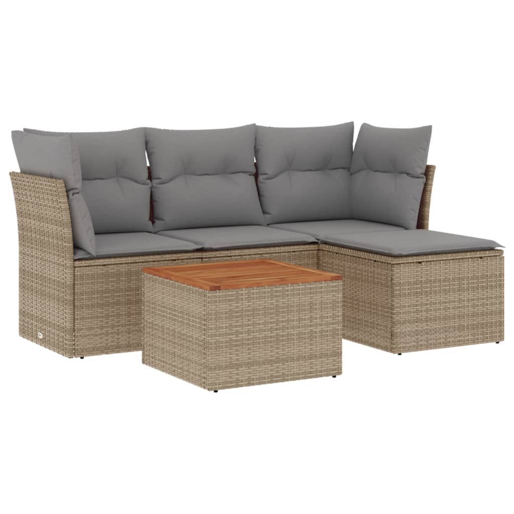 5-delige Loungeset met kussens poly rattan gemengd beige