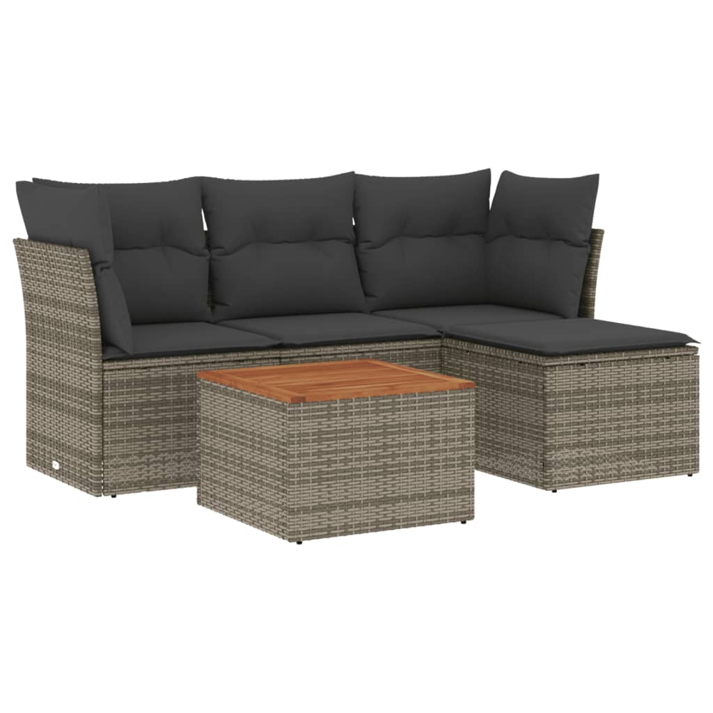 5-delige Loungeset met kussens poly rattan grijs