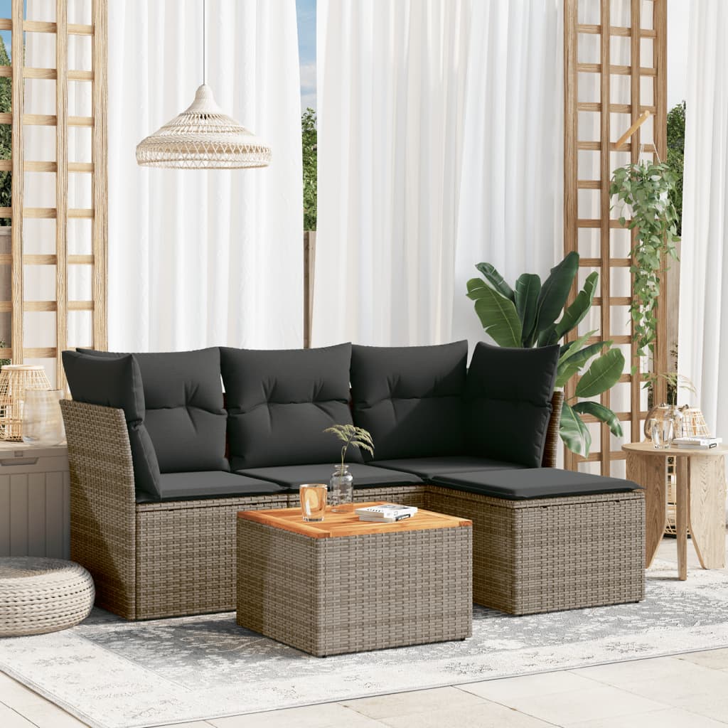 5-delige Loungeset met kussens poly rattan grijs