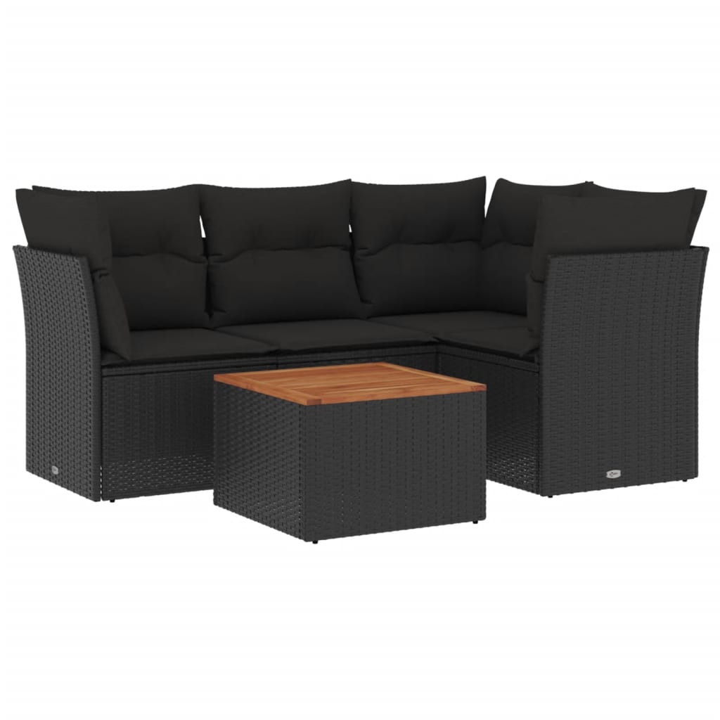 5-delige Loungeset met kussens poly rattan zwart