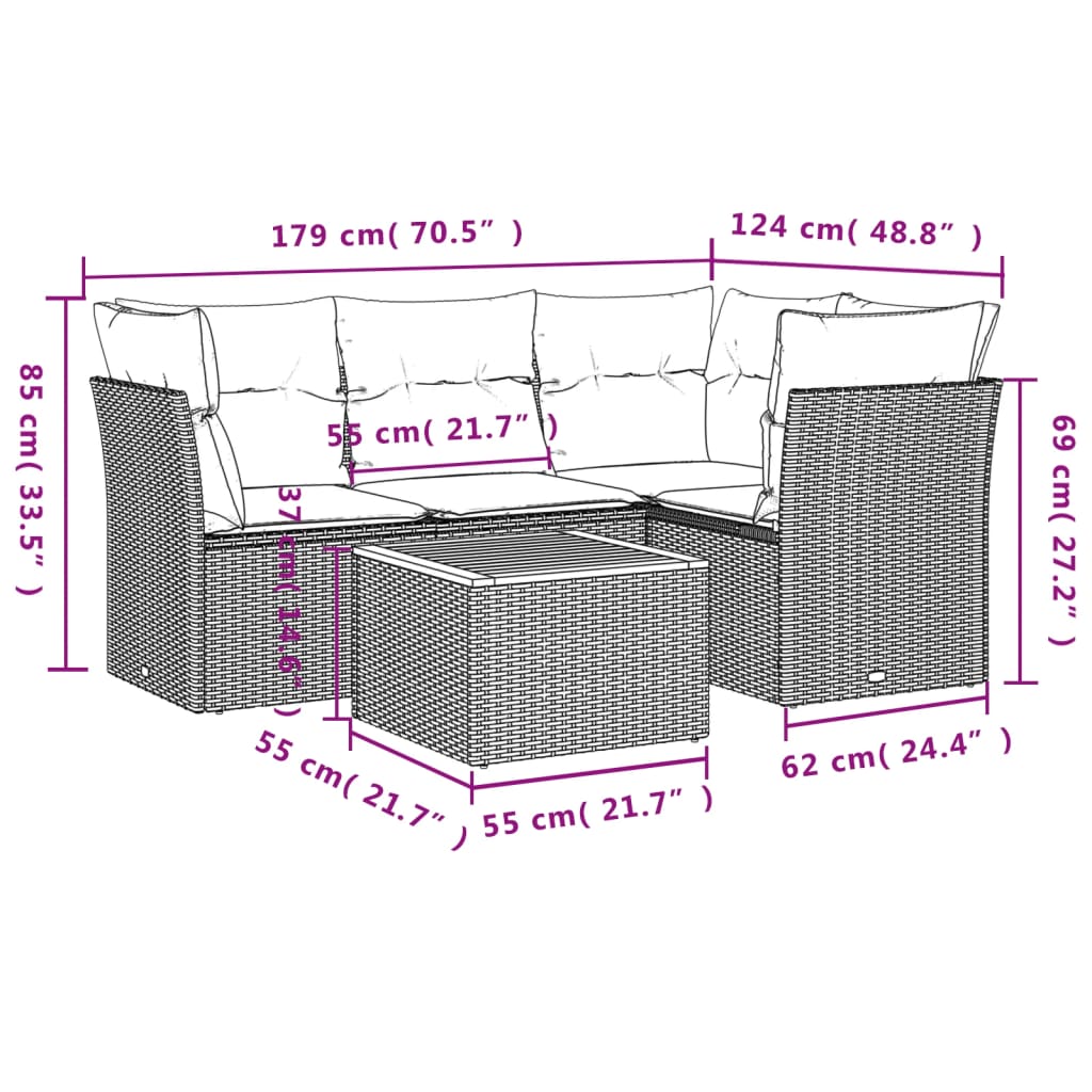 5-delige Loungeset met kussens poly rattan zwart