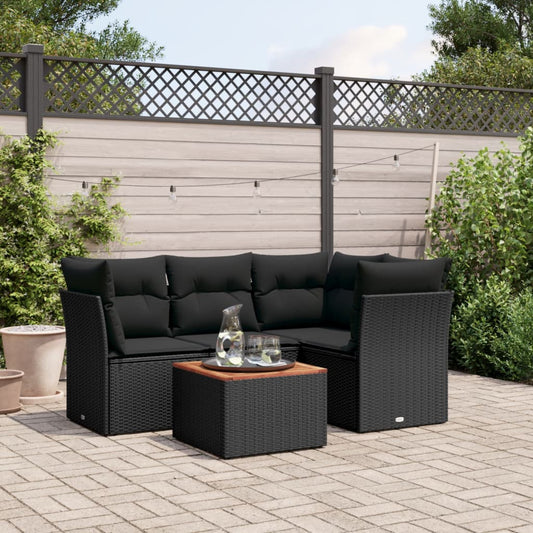 5-delige Loungeset met kussens poly rattan zwart