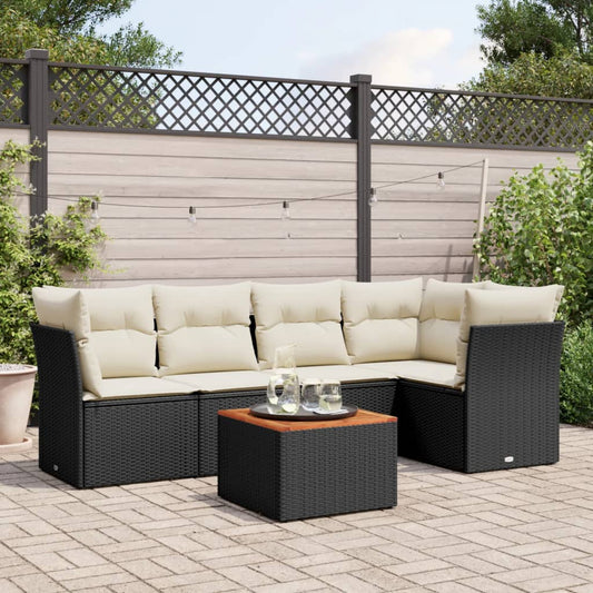 6-delige Loungeset met kussens poly rattan zwart