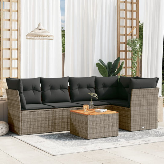 6-delige Loungeset met kussens poly rattan grijs