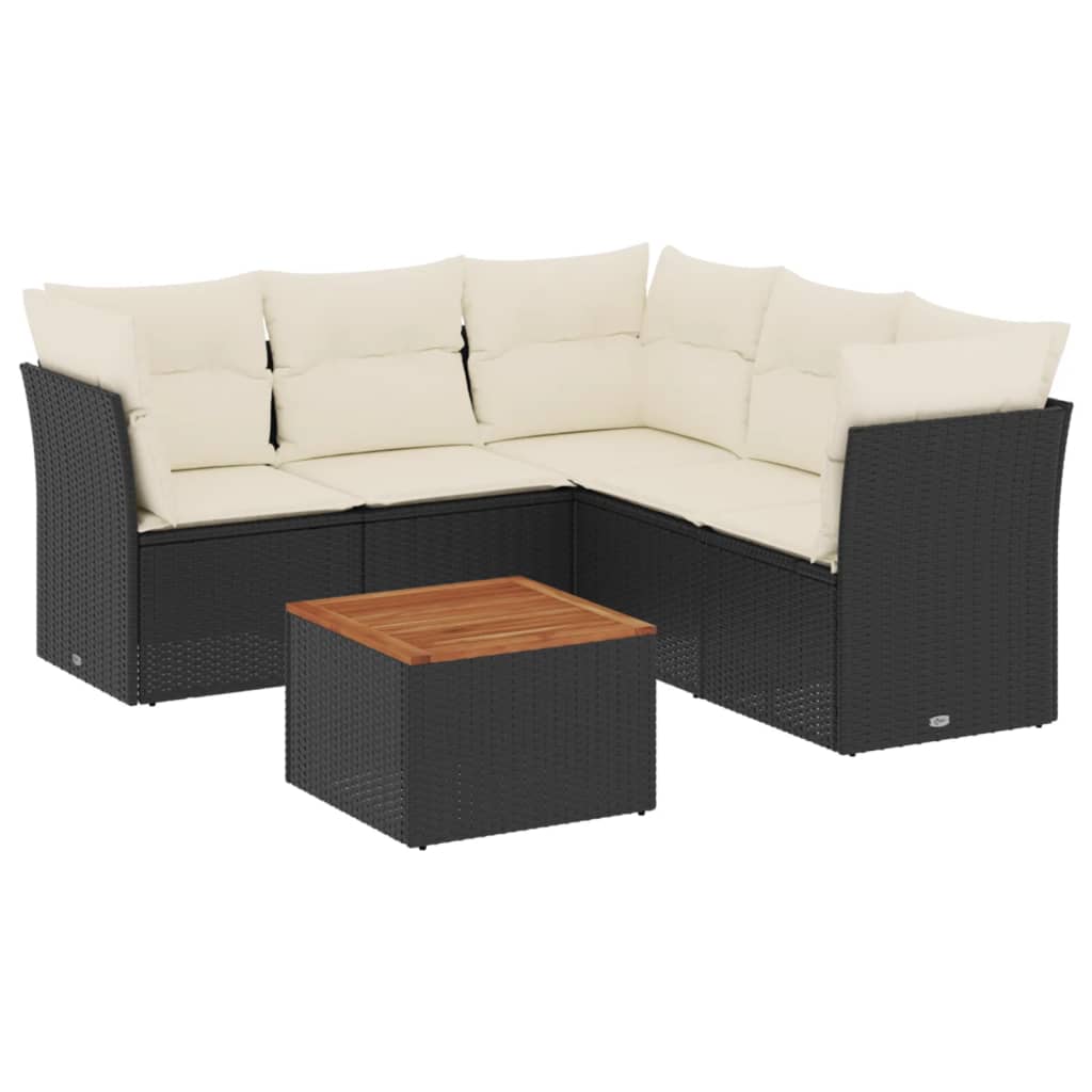 6-delige Loungeset met kussens poly rattan zwart