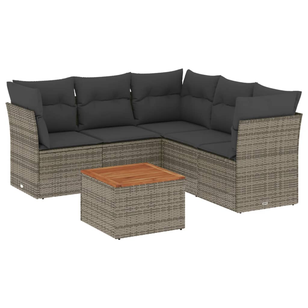 6-delige Loungeset met kussens poly rattan grijs