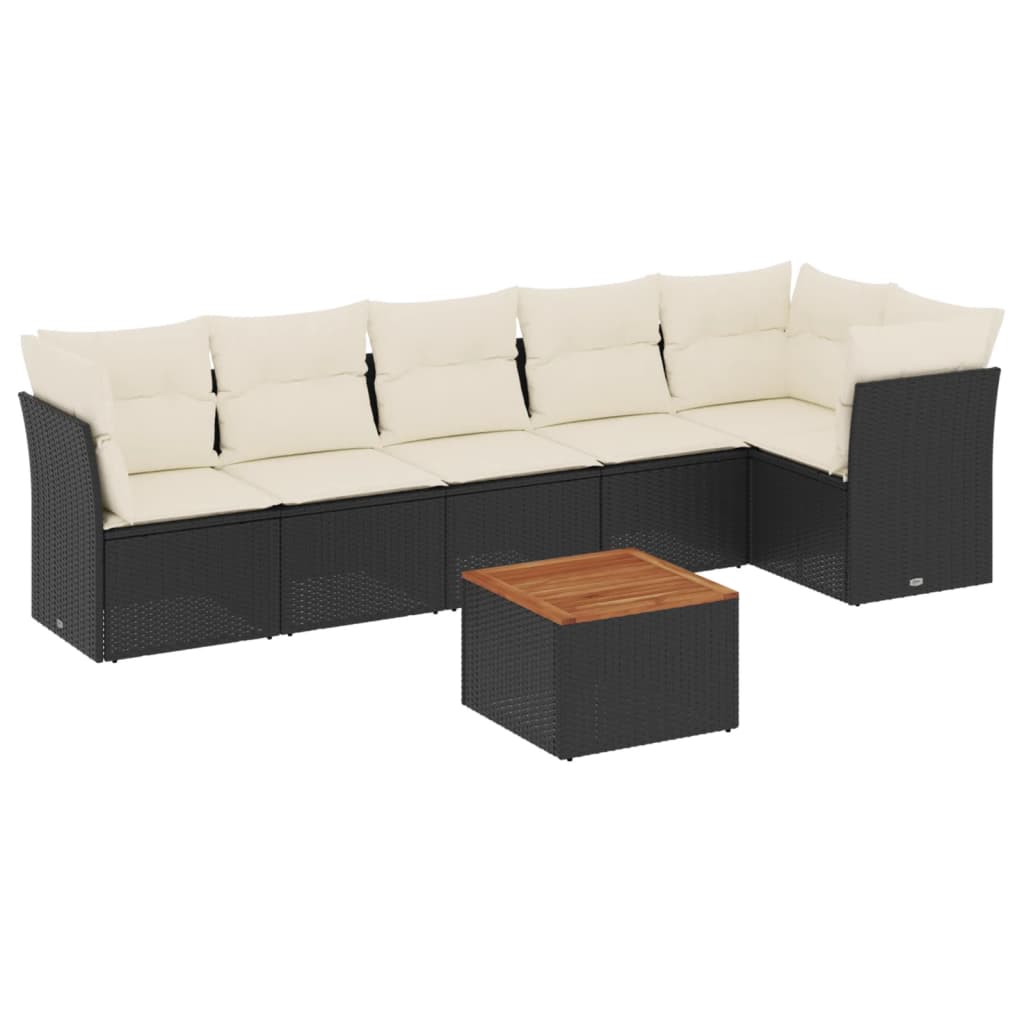 7-delige Loungeset met kussens poly rattan zwart