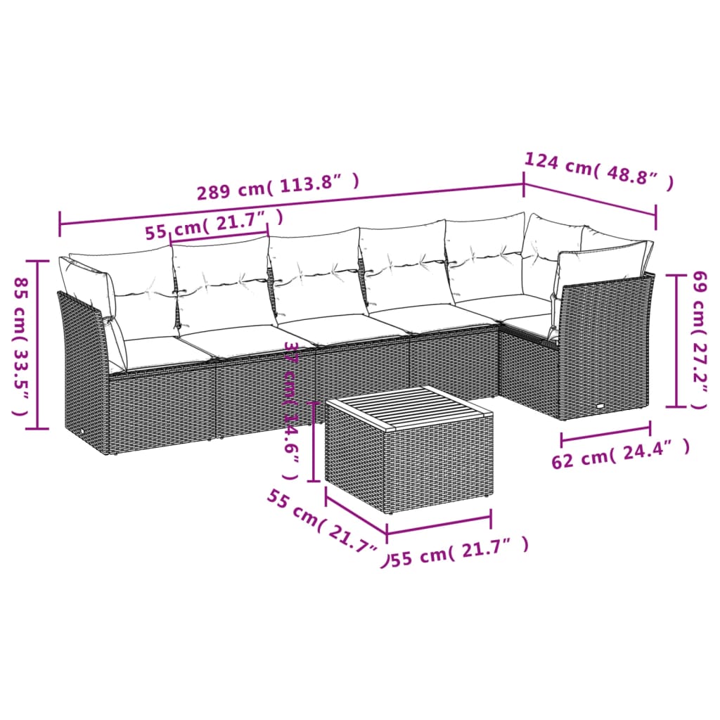 7-delige Loungeset met kussens poly rattan zwart