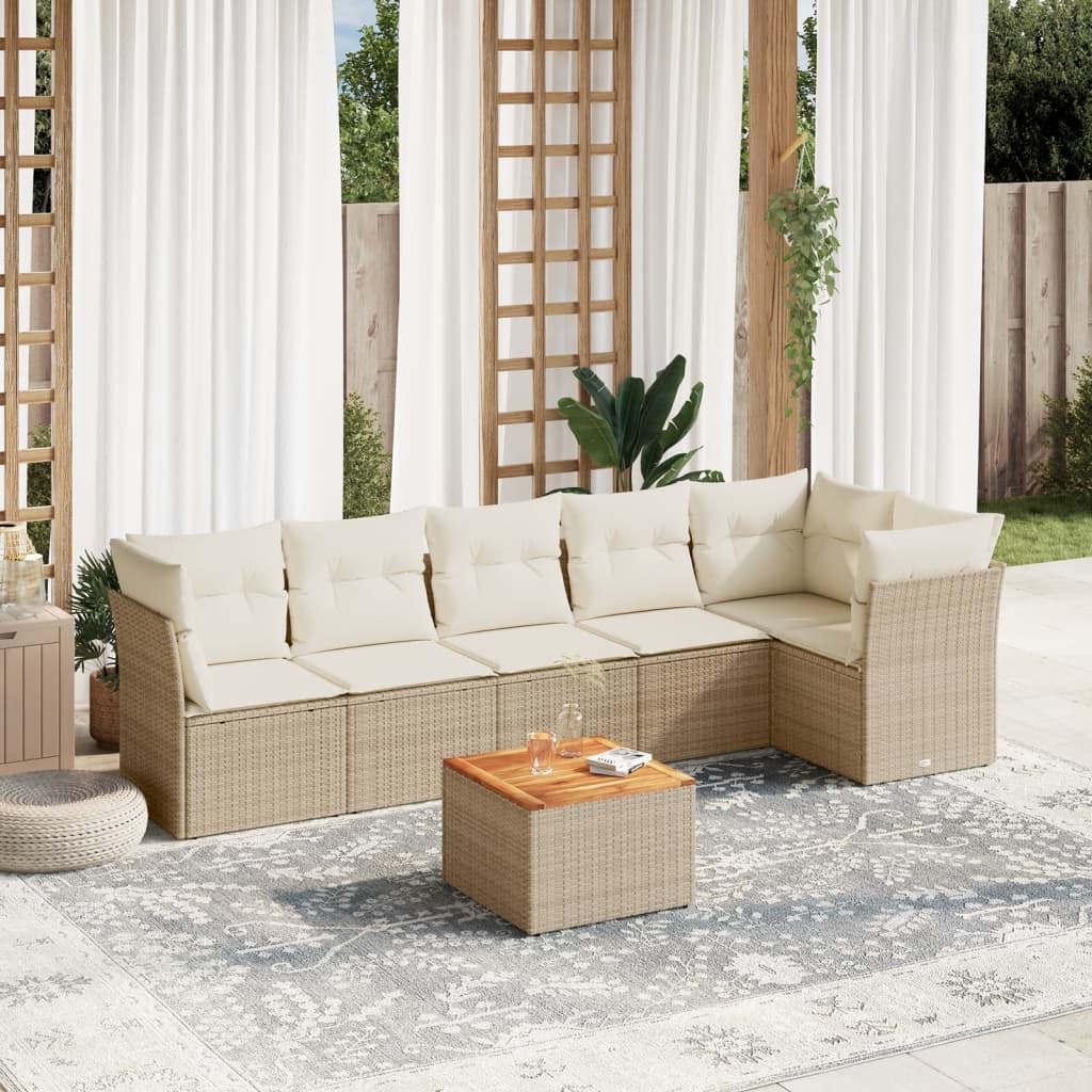 7-delige Loungeset met kussens poly rattan beige