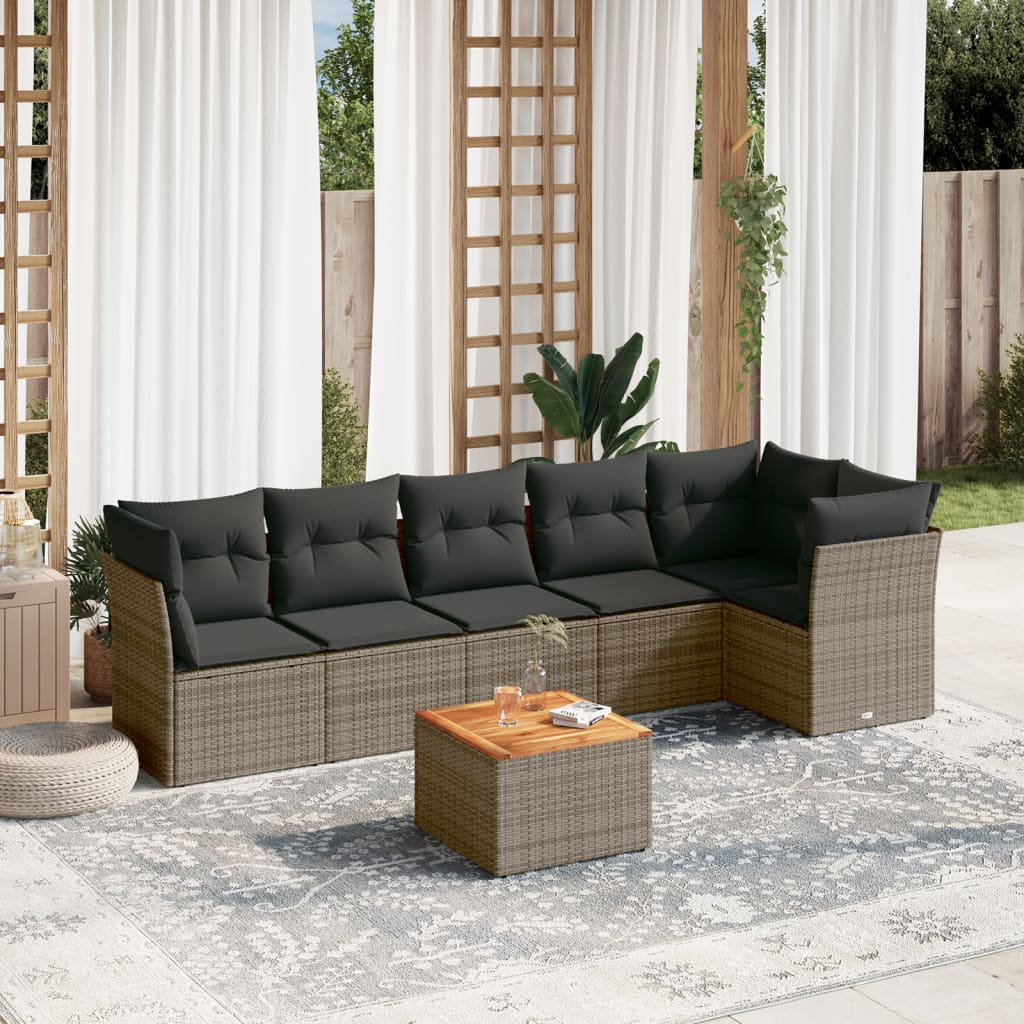 7-delige Loungeset met kussens poly rattan grijs