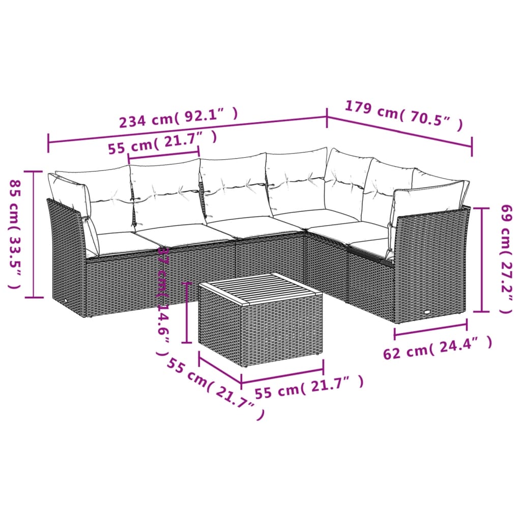 7-delige Loungeset met kussens poly rattan beige