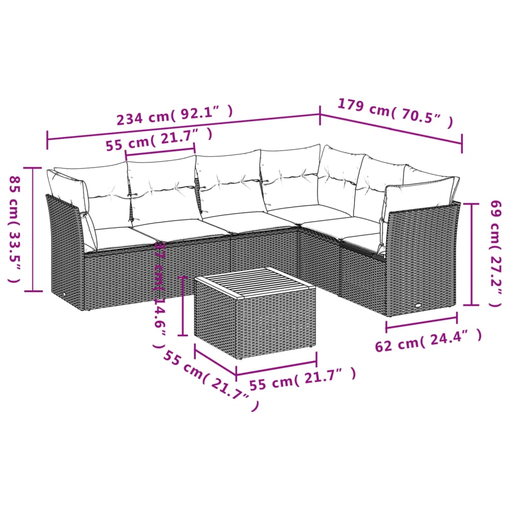 7-delige Loungeset met kussens poly rattan grijs