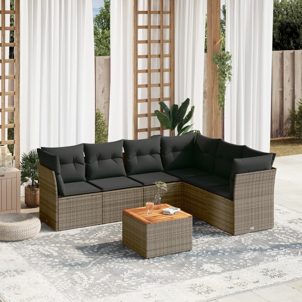 7-delige Loungeset met kussens poly rattan grijs