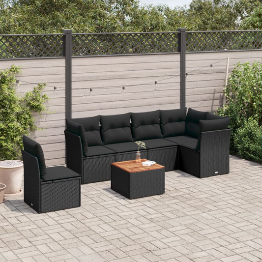 7-delige Loungeset met kussens poly rattan zwart