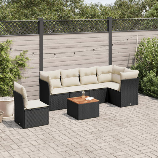 7-delige Loungeset met kussens poly rattan zwart