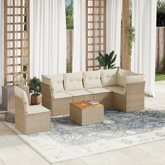 7-delige Loungeset met kussens poly rattan beige