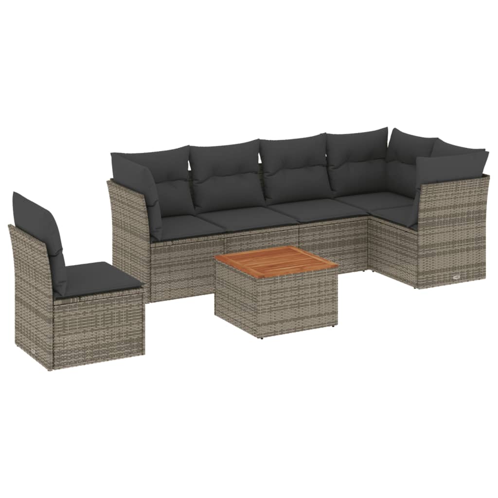 7-delige Loungeset met kussens poly rattan grijs