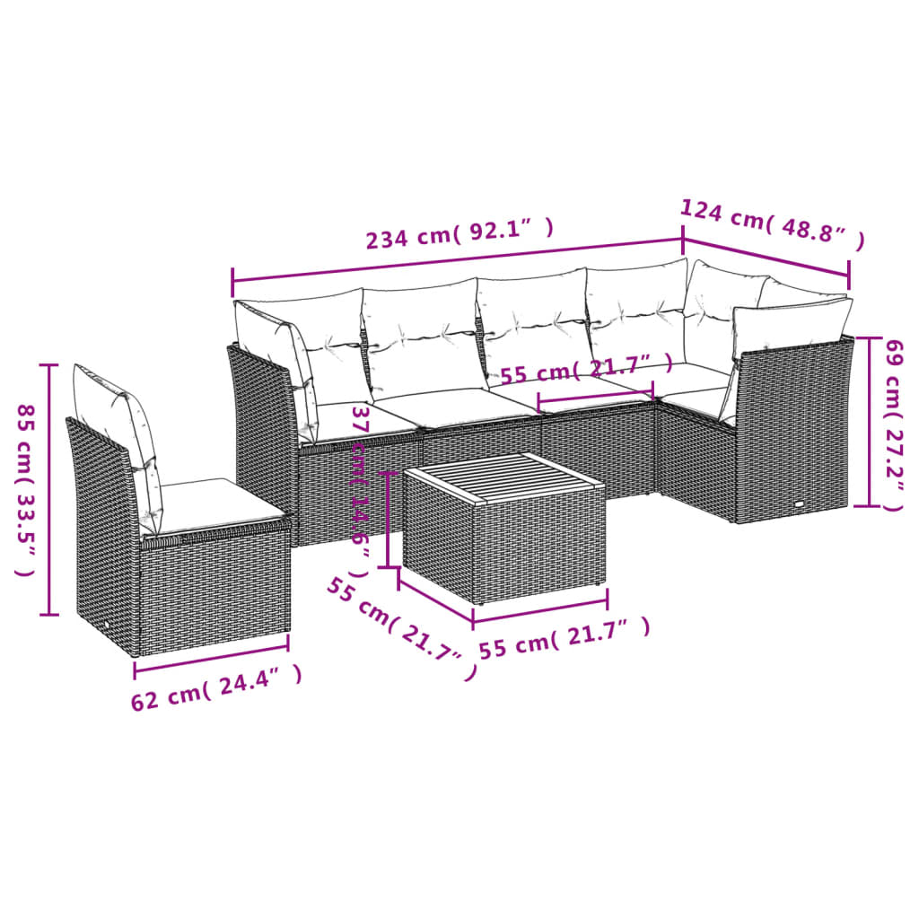 7-delige Loungeset met kussens poly rattan grijs