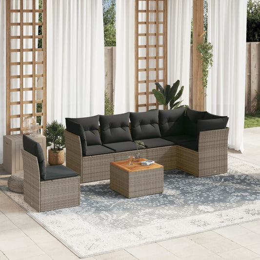 7-delige Loungeset met kussens poly rattan grijs