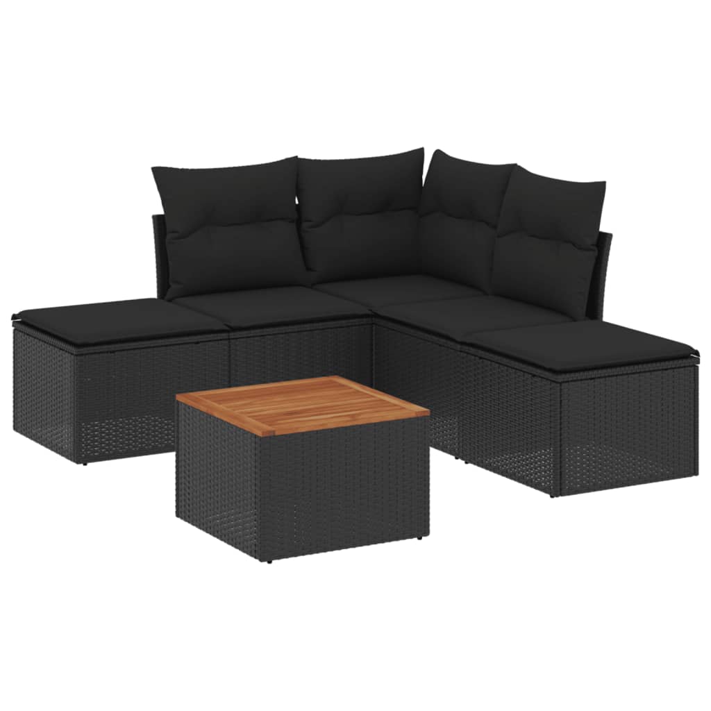 6-delige Loungeset met kussens poly rattan zwart