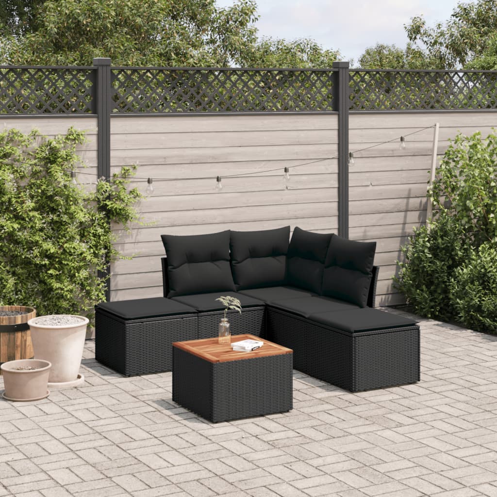 6-delige Loungeset met kussens poly rattan zwart