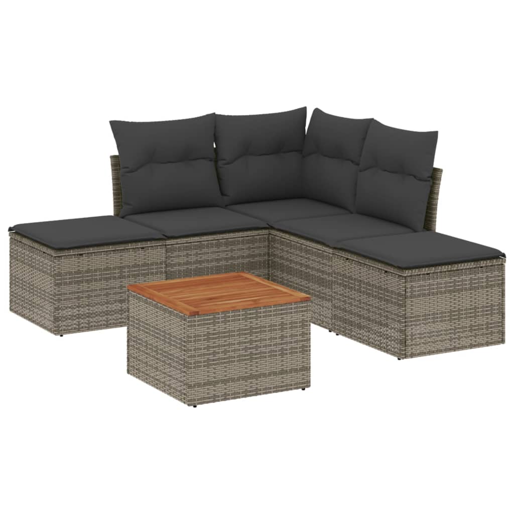 6-delige Loungeset met kussens poly rattan grijs