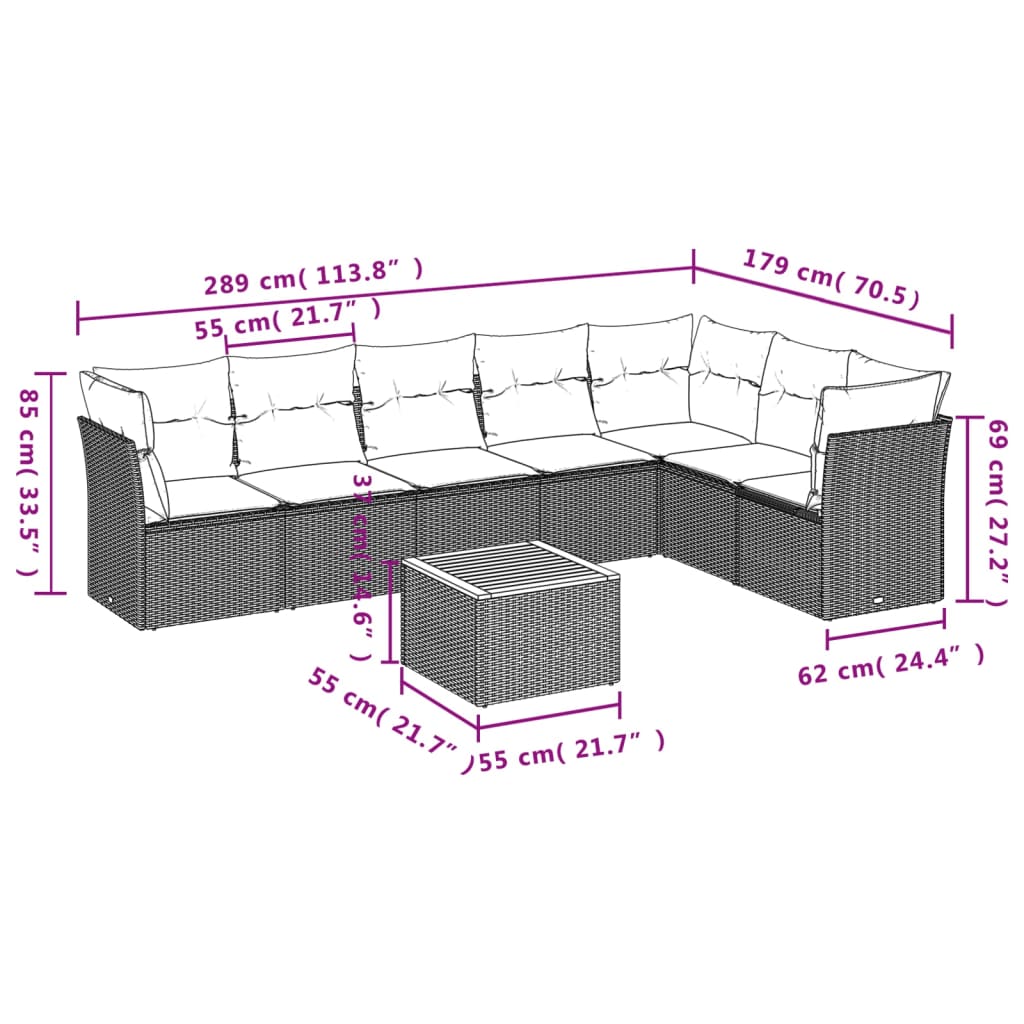 8-delige Loungeset met kussens poly rattan zwart