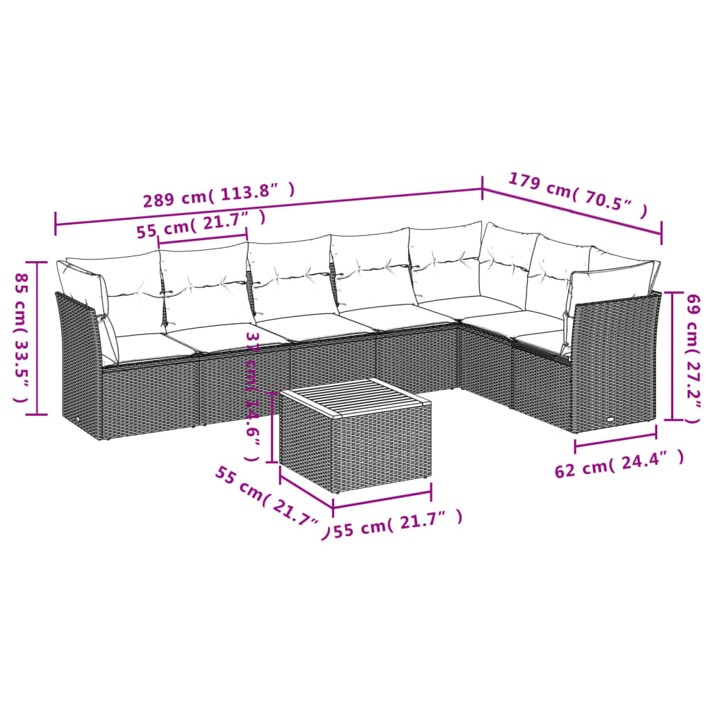 8-delige Loungeset met kussens poly rattan gemengd beige