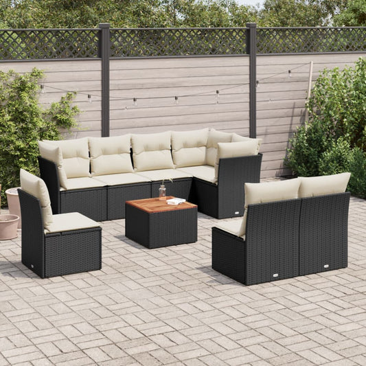 9-delige Loungeset met kussens poly rattan zwart