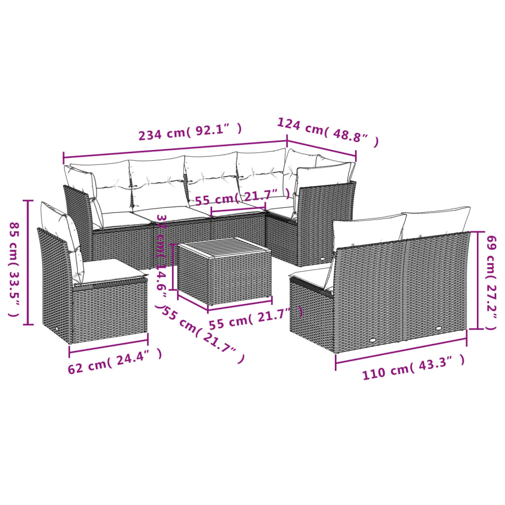 9-delige Loungeset met kussens poly rattan gemengd beige