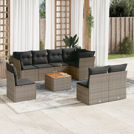 9-delige Loungeset met kussens poly rattan grijs