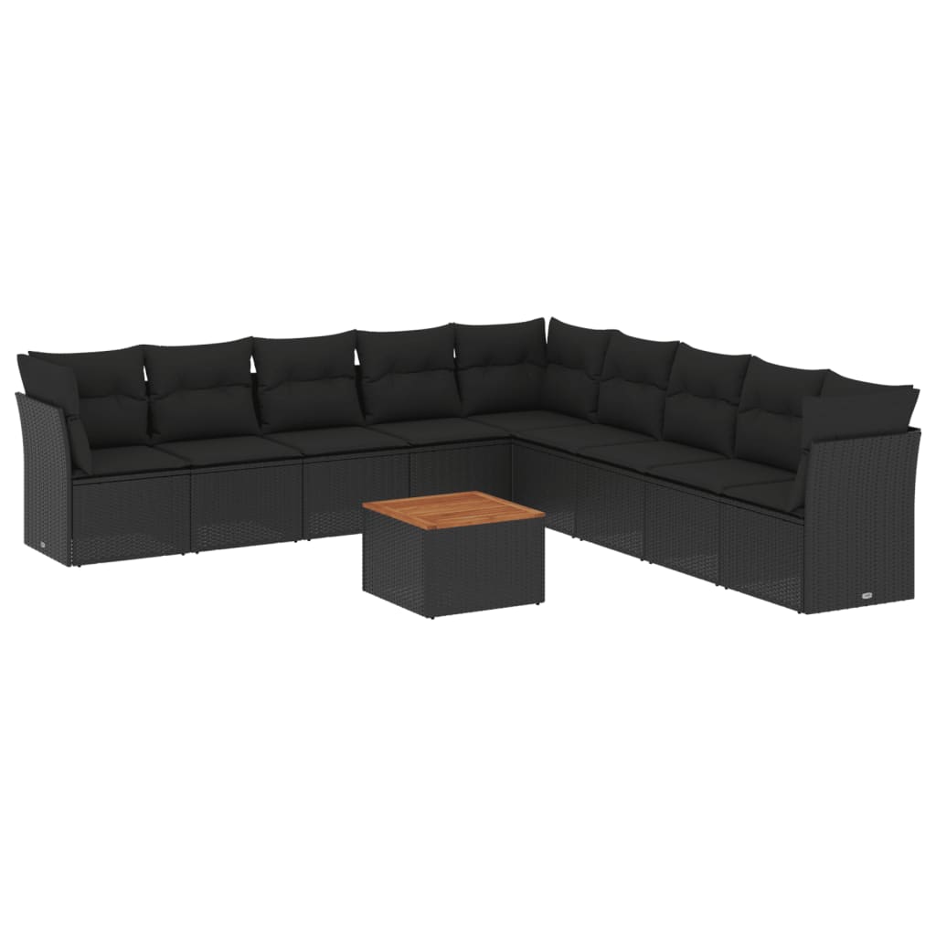 10-delige Loungeset met kussens poly rattan zwart