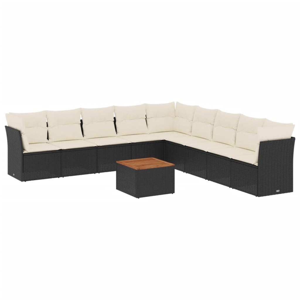 10-delige Loungeset met kussens poly rattan zwart