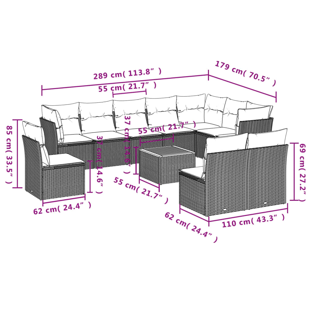 11-delige Loungeset met kussens poly rattan zwart