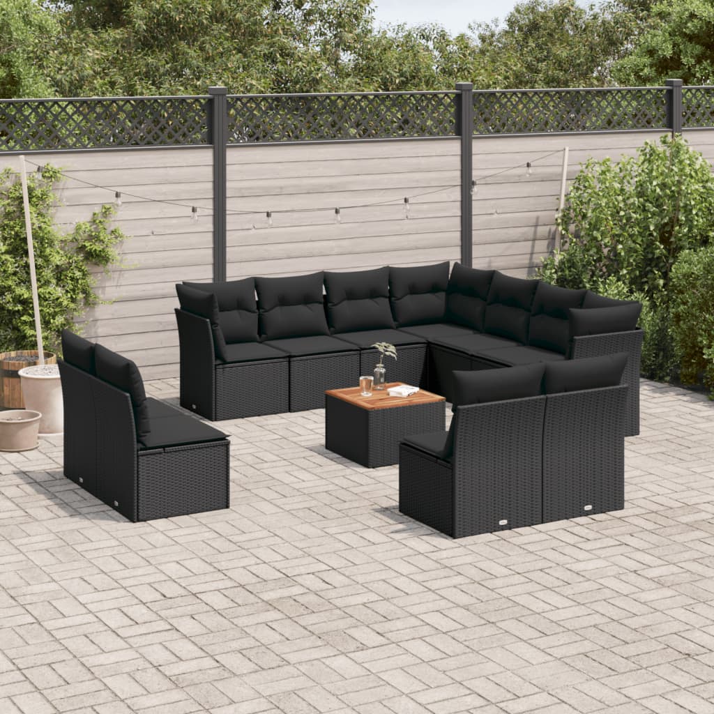 12-delige Loungeset met kussens poly rattan zwart