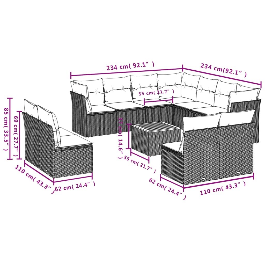 12-delige Loungeset met kussens poly rattan zwart