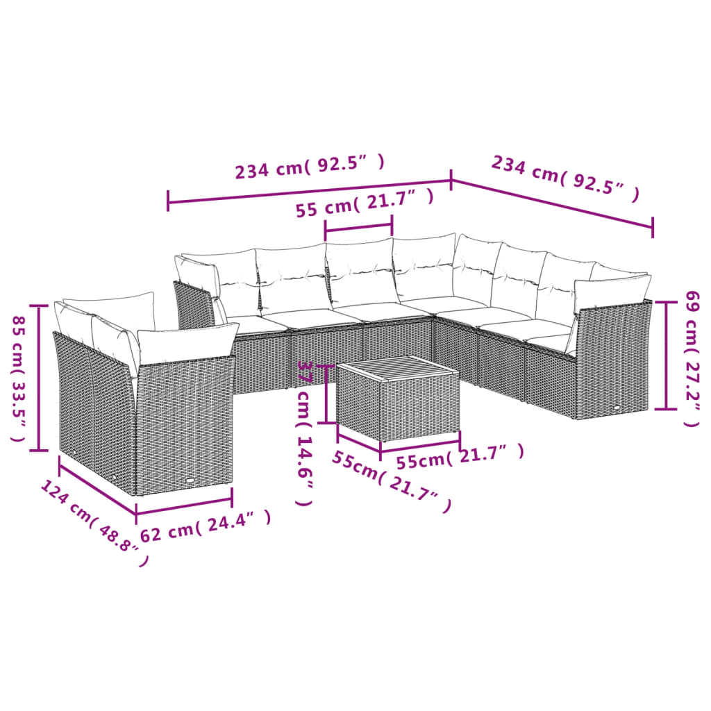 11-delige Loungeset met kussens poly rattan zwart