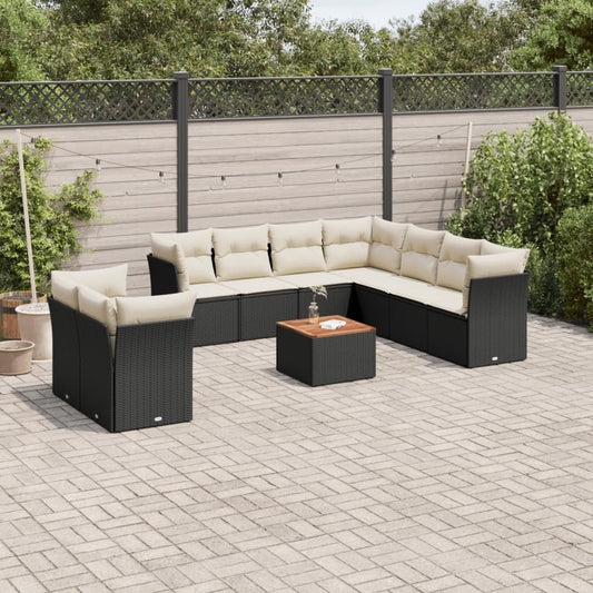 11-delige Loungeset met kussens poly rattan zwart